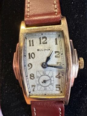 Vintage Bulova Gold Tone art Deco Watch with Brown Leather Strap
